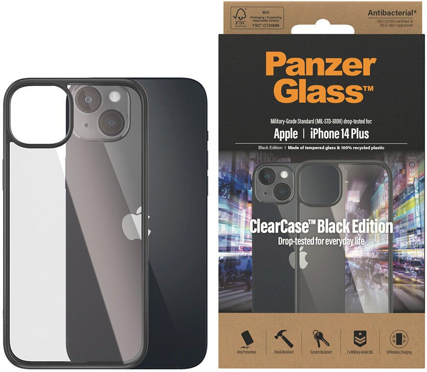 iPhone 14 Plus Bagside Cover PanzerGlass AntiBakteriel ClearCase - Sort Kant