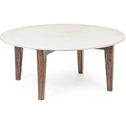 Beistelltisch Sylvester aus Marmor, rundes Design mit Mangoholz-Gestell, klassisch, weiß, Ø 75 cm