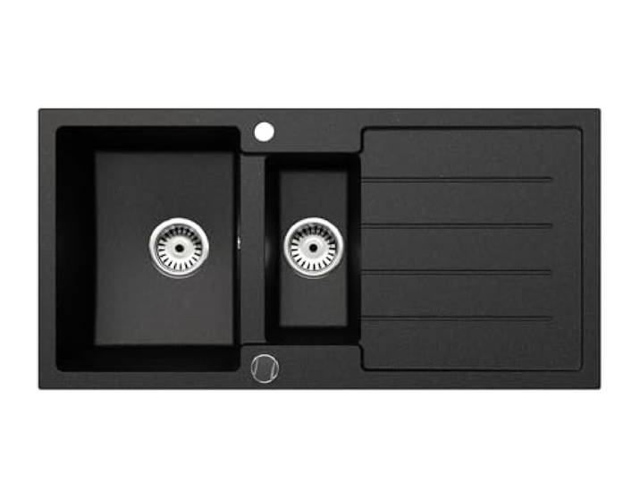 Faizee Home Napoli Granitspüle 100 x 50 cm Schwarz – Granit Einbauspüle mit Hauptbecken, Zusatzbecken & Abtropffläche Reversibel montierbar Inkl. Siphon-Set