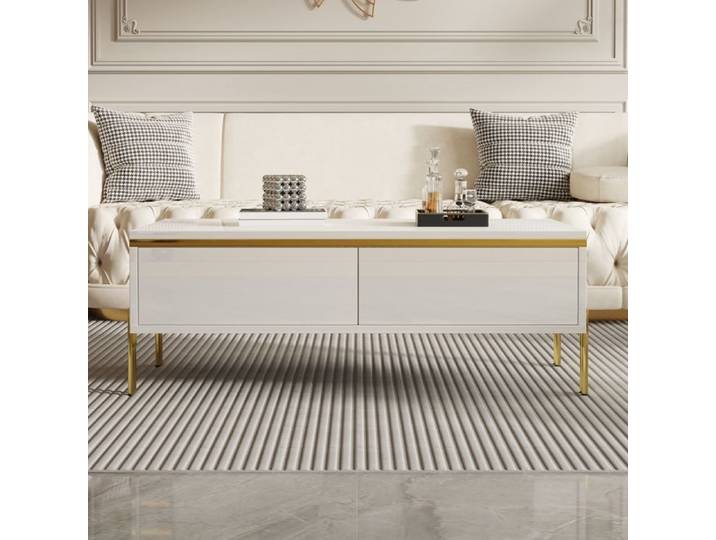 Table Basse Blanche Brillante Table De Salon Moderne FloraGrace Pour Salon Avec 2 Tiroirs Dissimules 100x50x36cm