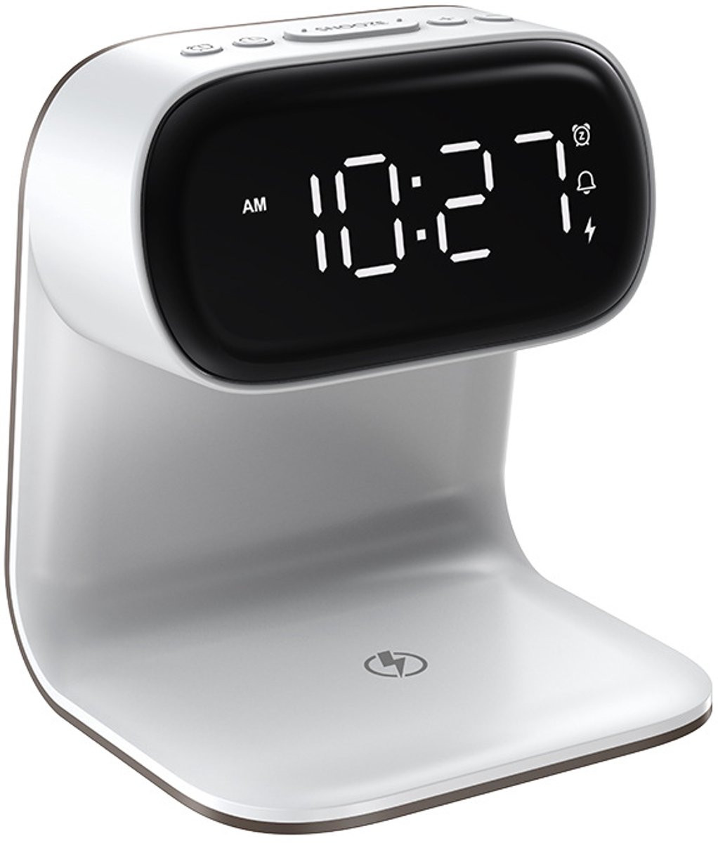 Digitale Wekker met Draadloos 15W Snellaadstation en Smart LED Nachtlampje, 3 Kleuren, Wit