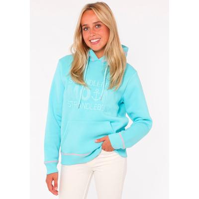 Hoodie ZWILLINGSHERZ "Strandleben Moin", Damen, Gr. XL, blau (türkis), Sweatware, Obermaterial: 50% Baumwolle, 50% Polyester, unifarben mit Farbeinsatz, regular fit normal, hoch geschlossener Ausschnitt, angesetztes Bündchen, Sweatshirts Hoodie, mit...