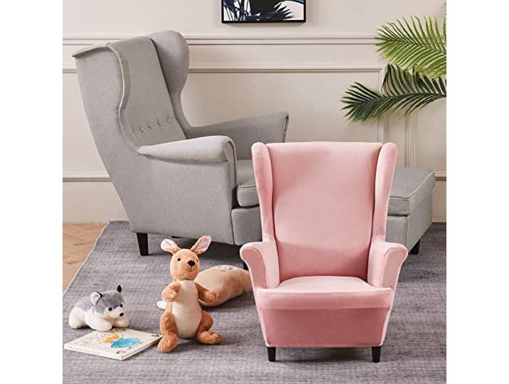 Highdi Velours Housse de Fauteuil à Oreilles Extensible 2-Pièces Couverture de Fauteuil avec Housse de Coussin en T\, Couleur Unie Mode Strandmon Housse de Fauteuil Antidérapante (Rose)