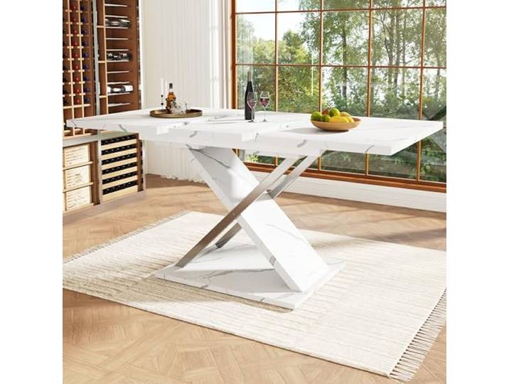 Ropilly ausziehbarer Esstisch 118 bis 157 cm, MDF mit Marmormuster Esstisch mit innenliegender Einlegeplatte für 6 bis 8 Personen