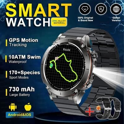 Uplift Essentials "Stratos 4 GPS Tactical Smart Watch 1.43"" AMOLED HD Display & Compass Pro Barometric Altimeter & Flashlight SmartWatc black Steel B 2a"