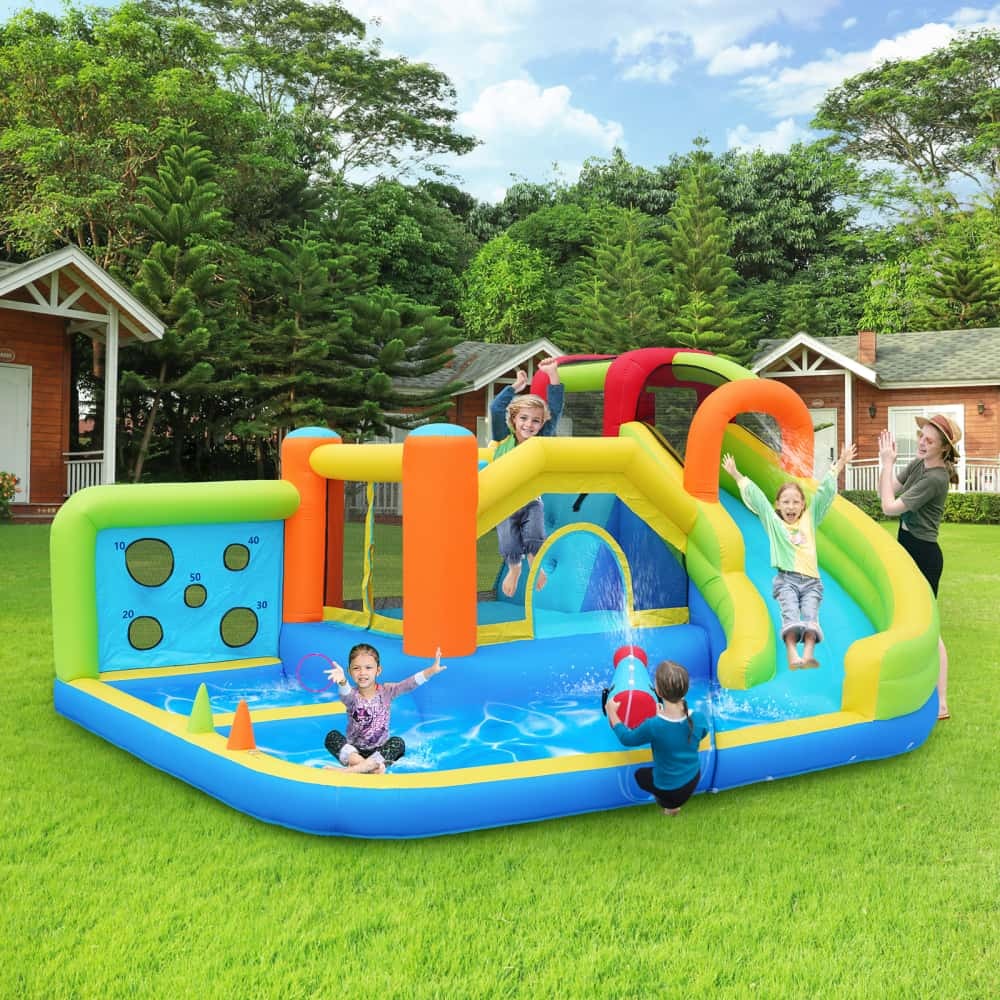AIORBER Hüpfburg mit Gebläse,Multifunktionaler Wasserpark & Trampolinpark für Kinder,Wasserrutsche,Basketballkorb,Kletterwand,450W, 410x315x209cm,Blau