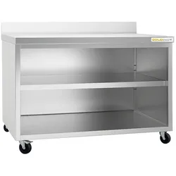 Offener Unterbauschrank aus Edelstahl 1200x700 mm mit Rückwandaufsatz auf Rollen PREMIUM - GOLDINOX