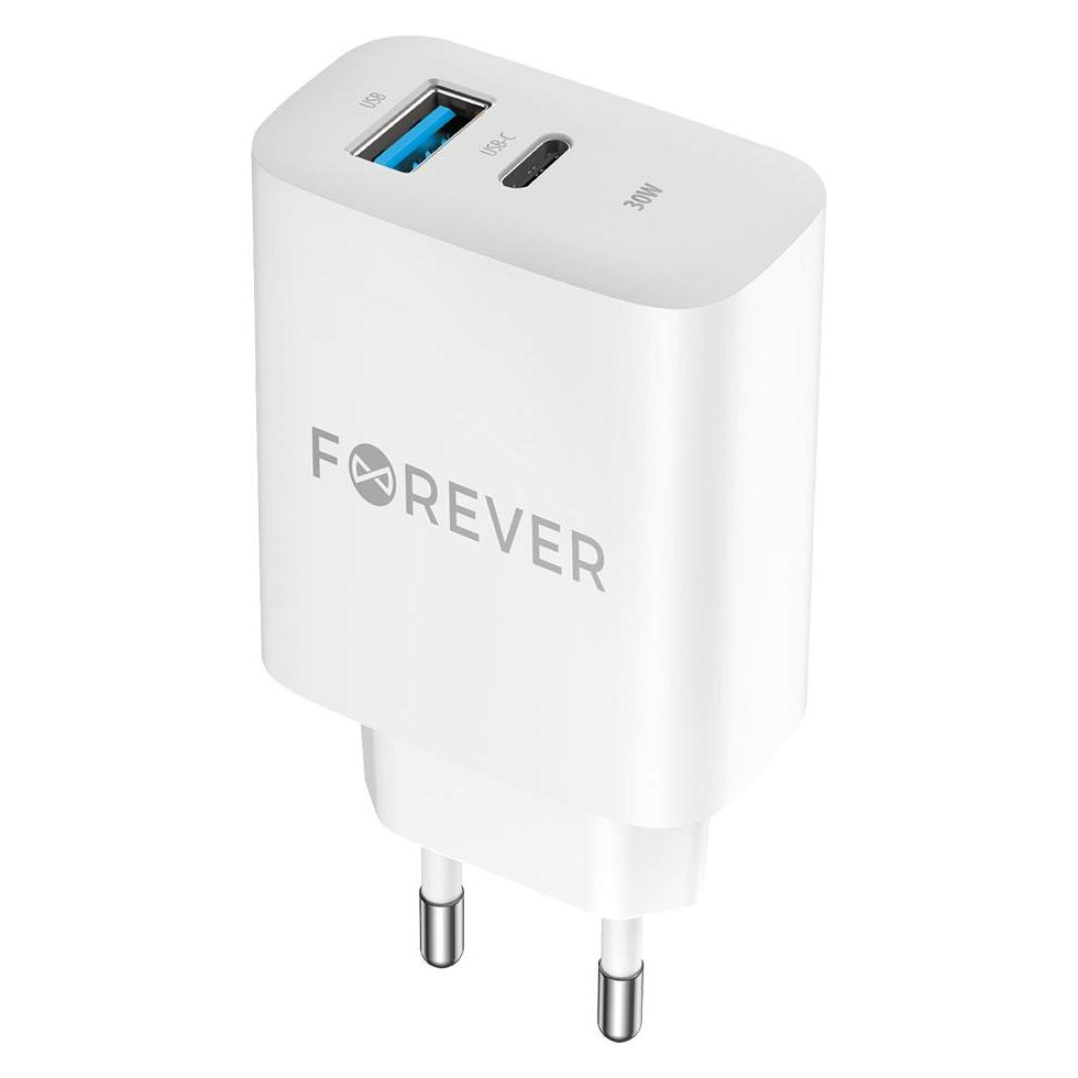 Forever TC-07 PD QC Ladegerät 1x USB-C 1x USB 30W weiss + USB-C - USB-C Kabel 60W (30 W, 2 Ports) (46356303)