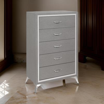 Benjara Sami 49 Inch Tall Dresser, 5 Drawers, Mirror Trim, Embossed Texture, Gray