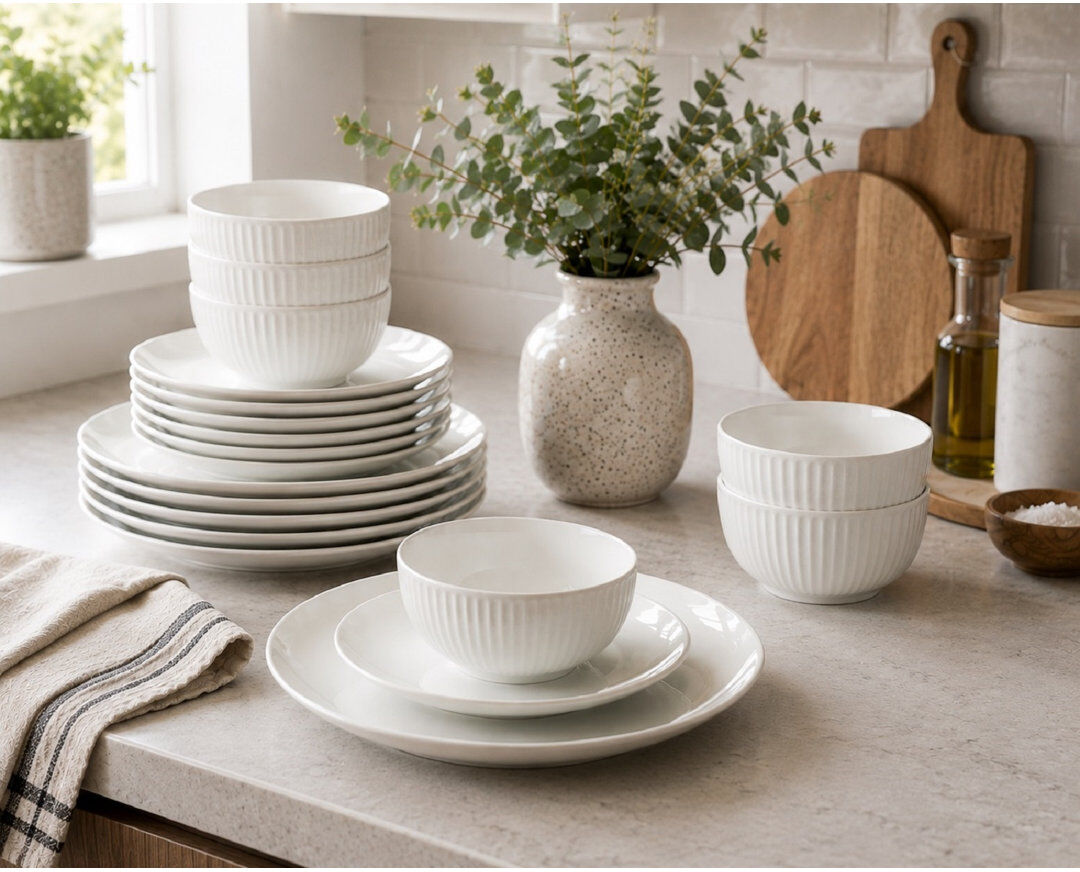 Waterside 18pc Luna White Porcelain Embossed Dinner Set White