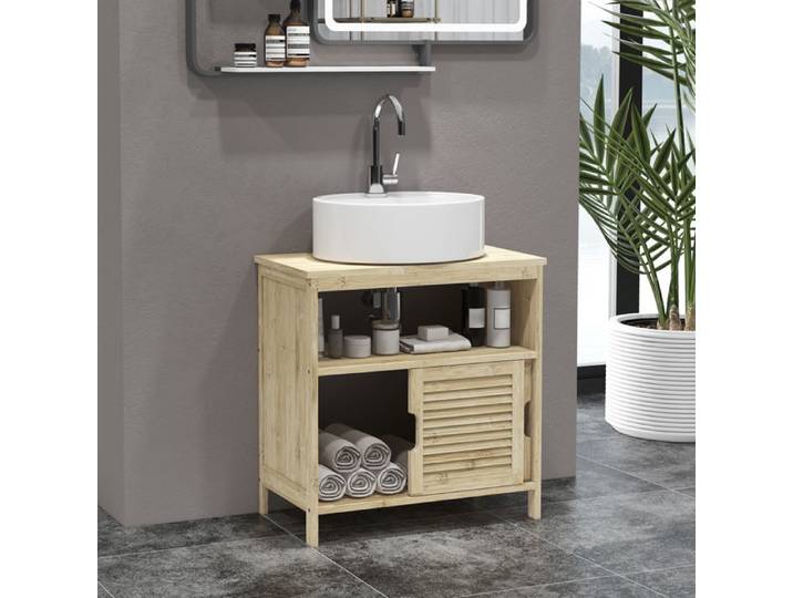 Meuble sous lavabo 60 x 30 x 60 cm naturel portes coulissantes à lames compartiment ouvert
