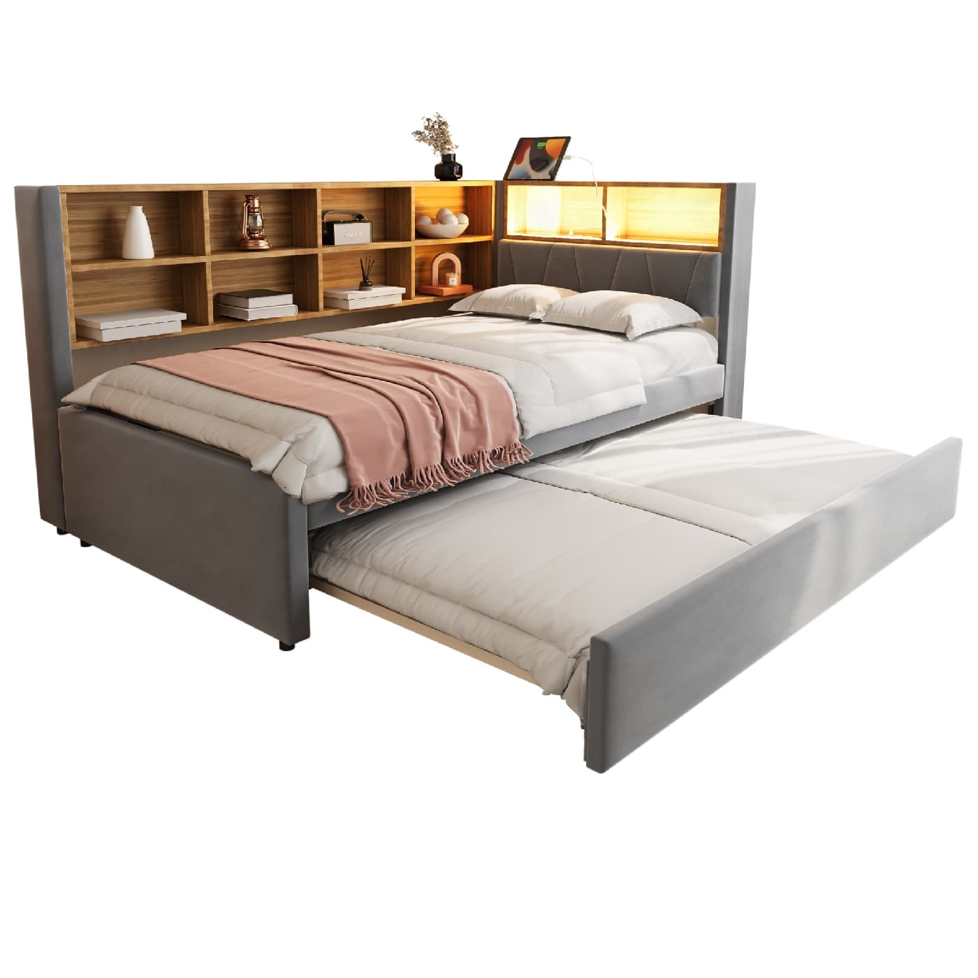 Schlafsofa(Dunkelgrau)Ausziehbett,ausgestattet mit LED Leuchten,Steckdosen und vielen Ablagefächern,Polsterbett,Multifunktionsschlafsofa,Einzelbett