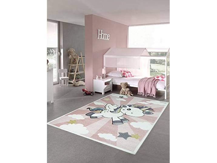 CARPETIA Kinderteppich Kinderzimmerteppich Babyteppich Mädchen Einhorn Regenbogen rosa Creme Größe 160x230 cm