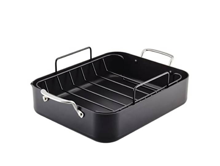 KitchenAid Harteloxierter Bräter, Bräter mit Rost, Mattschwarz 33 cm x 40 cm große Backform, Bräter für Hobbyköche zum Braten von großem Fleisch, abnehmbares Antihaftgestell, ofenfest