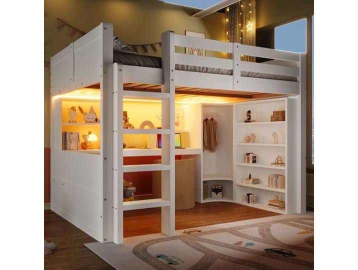 Lit mezzanine 140x200 cm avec LED armoire bureau blanc sans matelas