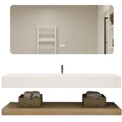 【C458】Waschbecken Set – Keramik-Waschbecken, LED-Spiegel mit Anti-Beschlag, wandhängend, mit Stauraumregal 120×55 cm