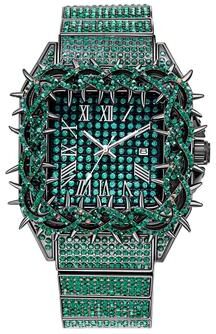 Fashion Sheath Luxury Gold Iced Out Hip Hop Watch With Emerald Accents Diamond Style Mens Quartz Wristwatch green