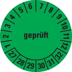 Dreifke® Prüfplakette geprüft 27-32,grün,Dokumentenfolie,selbstklebend,Ø30mm,108/Heft