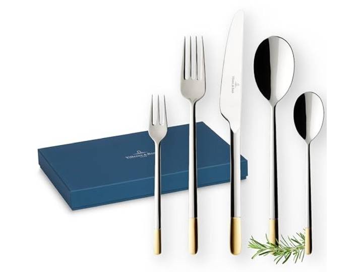 Villeroy & Boch - Ella Teilvergoldet Tafelbesteck Gold 30 teilig 6 Personen, Spülmaschinenfest, Rostfrei, Besteckset, Vergoldetes Besteck, Essbesteck, Edelstahl mit Blattgold-Applikationen