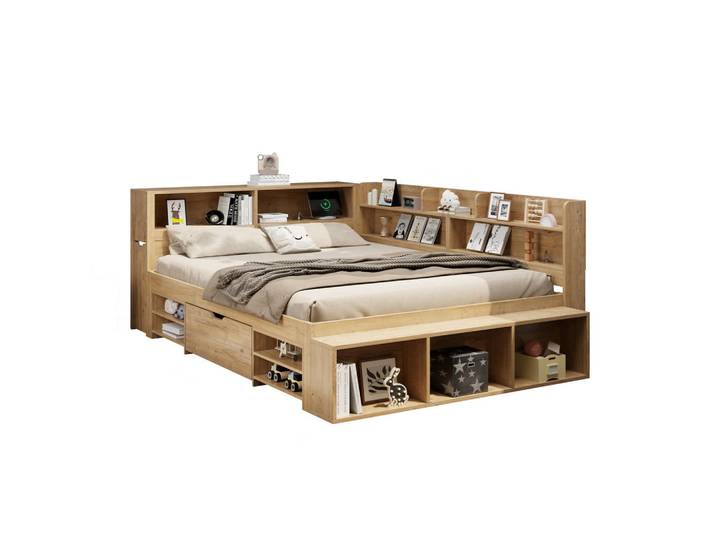Komhtom Bett MIT Staueraum 140 x 200 cm, multifunktionales Kinderbett mit kabelloser Aufladung, ohne Matratze, natur, Naturfarben, Holz, Mode, 140x200 cm, Schlafzimmer, Betten