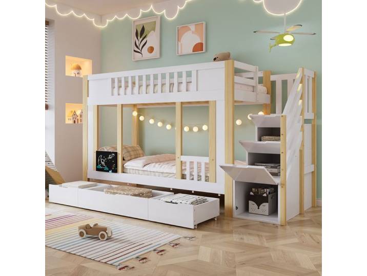 Lit superposé 90 x 200 cm avec armoire d'escalier lit Enfant en bois avec tiroirs et tableau créatif sommier à lattes blanc