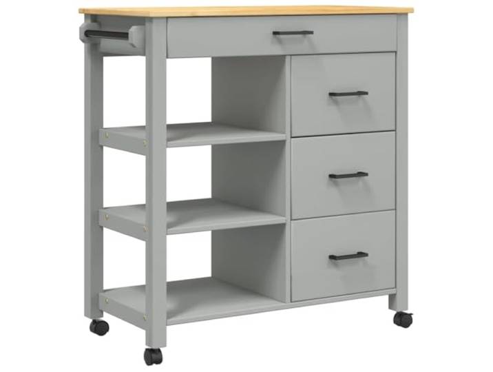 HFXHIJXQ Küchenwagen Monza 84x40x88,5 cmServierwagen Kiefer Massivholz Mobiler Servierwagen aus Kiefernholz mit4 Schubladen und Metallhaken für geordnete Vorräte in Küche und Esszimmer.