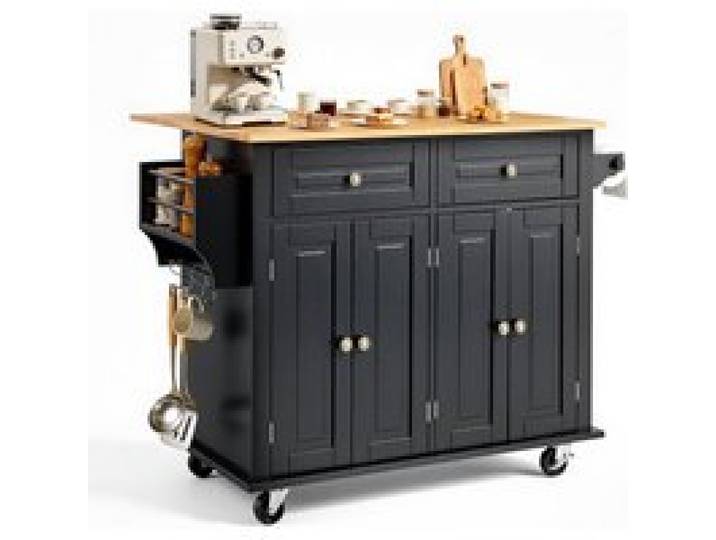 VEVOR Kücheninselwagen, 110 cm mobiler Wagen mit Holzplatte und Lagerschrank, Rolltisch mit Klappplatte, Gewürzregal, Handtuchhalter, verstellbarem Regal, Schublade und Haken, tragbare Inseln Rollbar