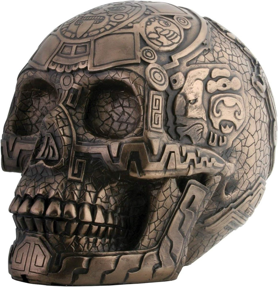 Bronzen Azteekse Schedel met Gedetailleerde Gravure voor Tafeldecoratie