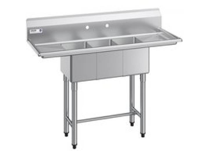 VEVOR Spülbecken mit 3 Becken & 2 Abtropfflächen & Spritzschutz, Küchenspüle (1372 x 508 x 1097 mm), Küchenspüle für Restaurants Imbisswagen Privaten Gebrauch, Edelstahlspüle Silber