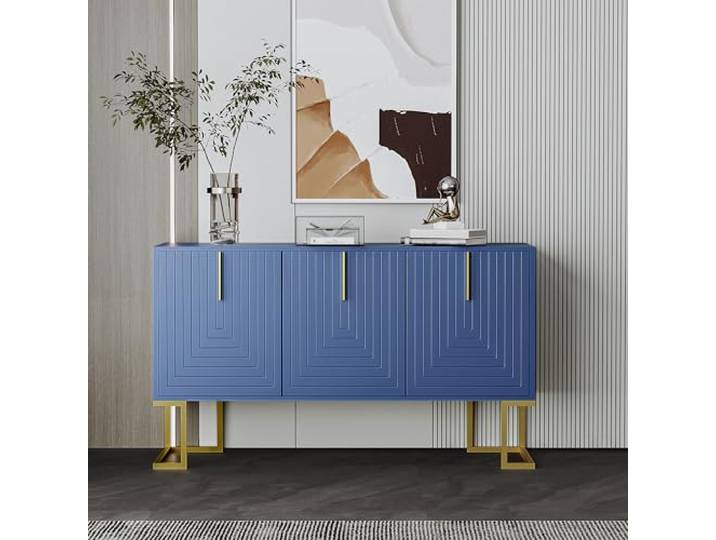 Ropilly modernes 3-türiges Sideboard mit verstellbaren Regalen Navy Blau U-förmige Türen, Metallgriffe und stabile Metallbasis für modernes Esszimmer und Küche