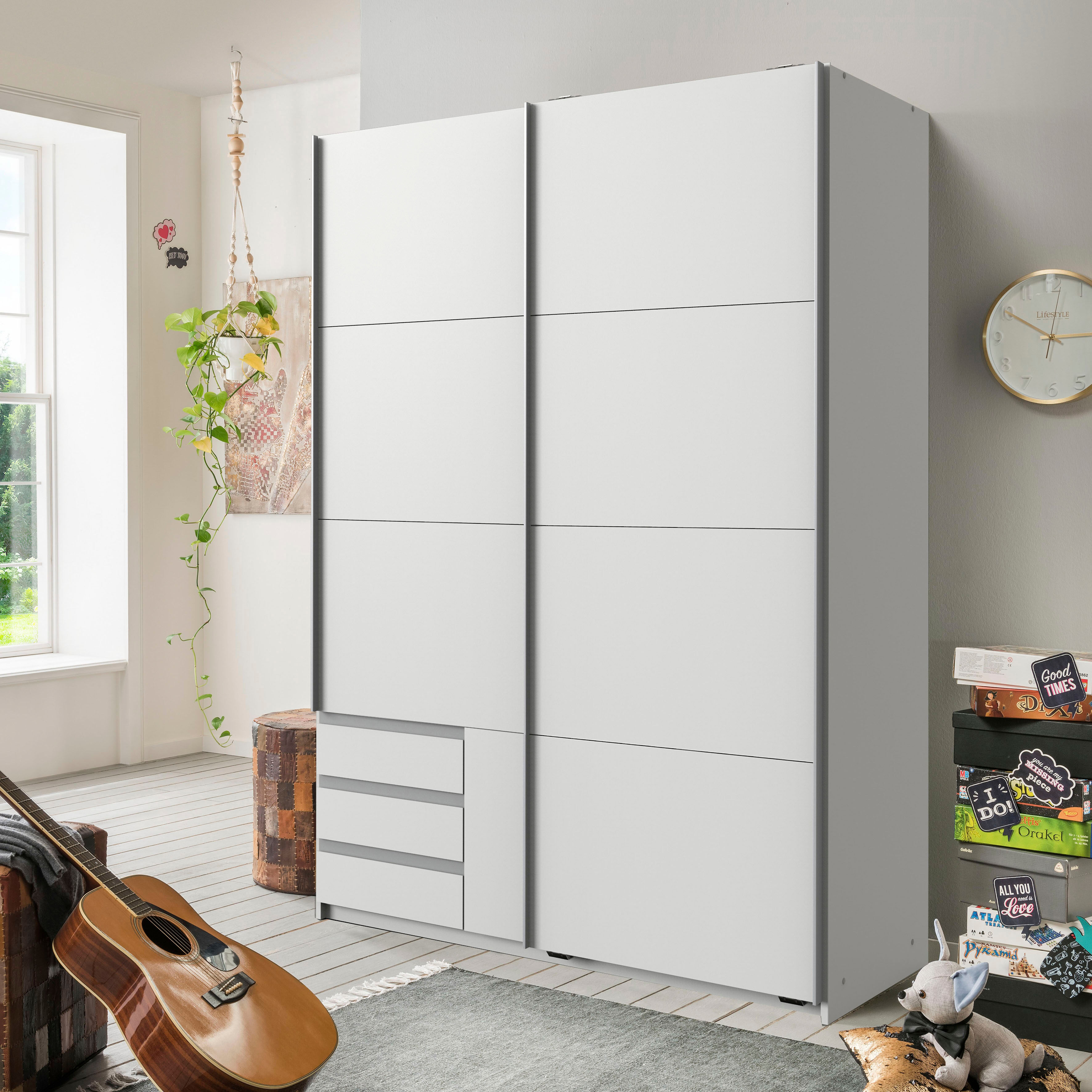 Schwebetürenschrank WIMEX "Emden", weiss (weiß), B:135cm H:198cm T:64cm, Schränke, Schwebetürenschrank, Mit Aussenschubkästen weiß B/H/T: 135cm x 198cm x 64cm, Schubladen: 3 Stk. Türen: 2 Stk.