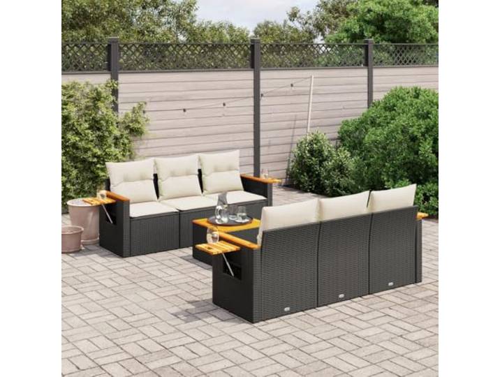 KTHLBRH 7-teiliges Gartenmöbel-Set aus Polyrattan, Schwarz Sessel mit Kissen, Beistelltisch aus Akazienholz, modulares Design, für Terrasse