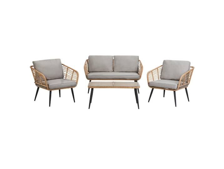 Beliani 4-Sitzer Lounge SET Rattan Natürlich Corinth Ii, Naturfarben, Kunststoff, Gartenmöbel, Gartengarnituren, Gartenmöbel-Sets