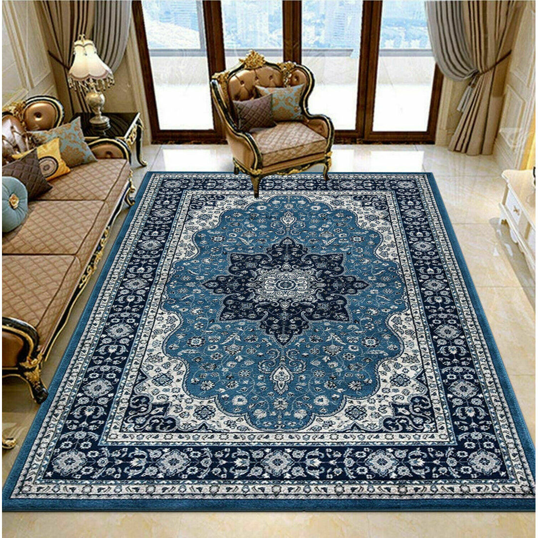Rosalind Wheeler Okamoto Floral Area Rug Blue Rectangle 80 x 150cm
