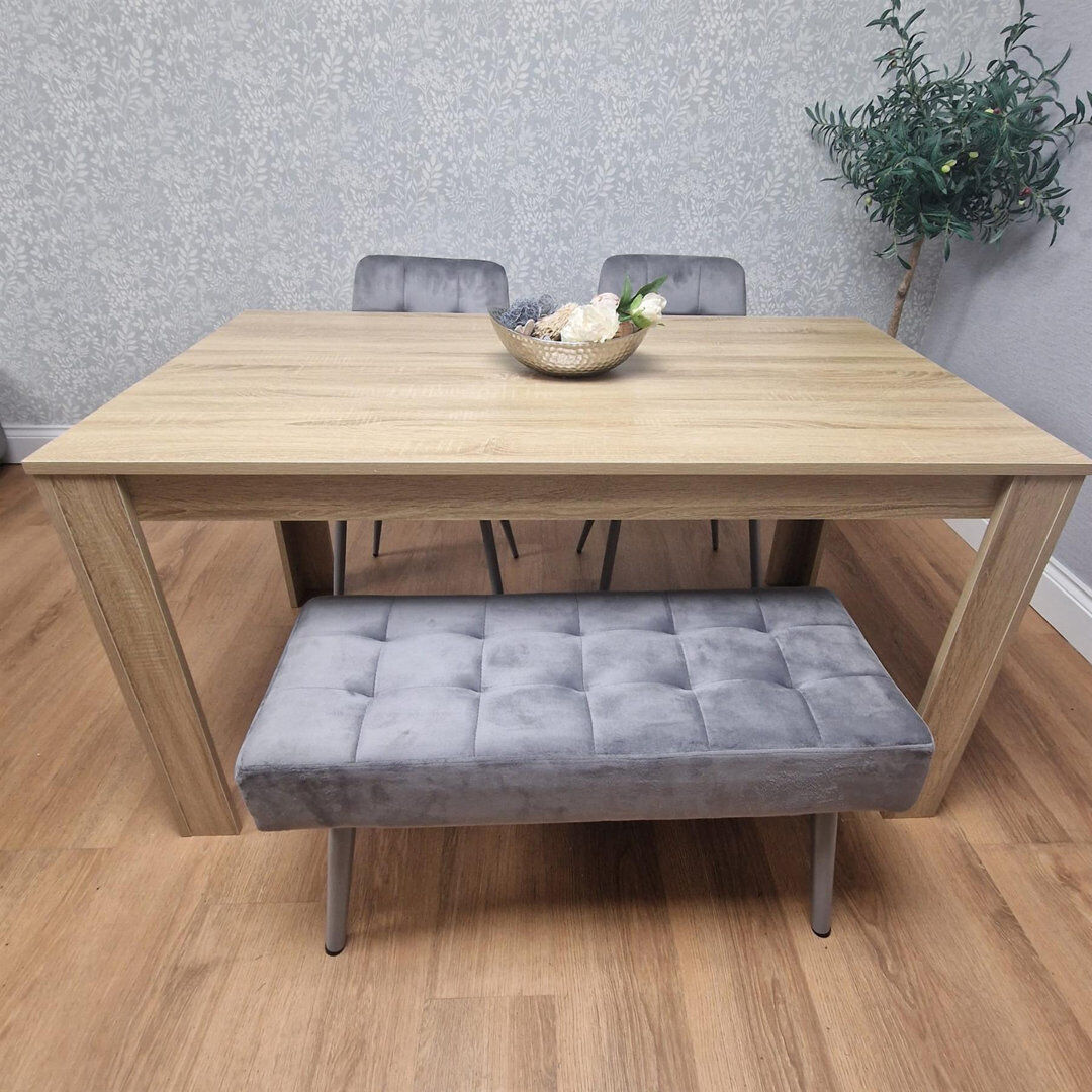 KOSY KOALA Dining Table and 2 Chairs And Bench Oak Effect Wood Table 1 Grey Velvet Chairs Dining Room Oak 75" H x 140" L x 80" W