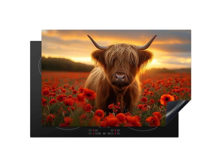 HERDABDECKPLATTE Schottische Highlander - Rosen - Blumenfeld - Sonnenuntergang Ceranfeldabdeckung 80x52 cm