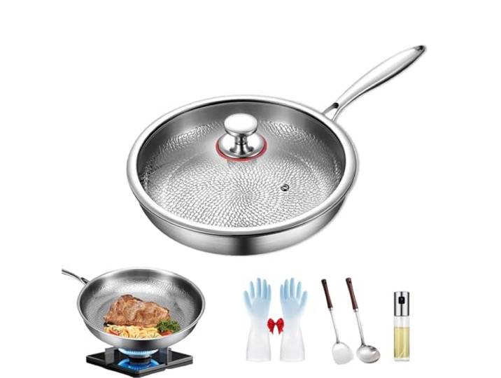 Qosneoun Titanium Pro Pfanne, Titanium Hammered Pan Pro with Lid, TitaniumPfanne Unbeschichtet, Verdickt Scratch-Resistant Non Stick Titan pfanne, Multifunktions-Design für die Küche Kochen (1, 28CM)