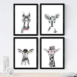 POSTER Set mit 4 Kindern Tieren mit Gläsern und Federn A4 Rahmenlos