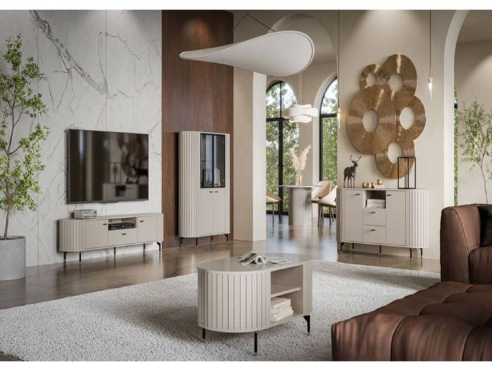 Meuble TV 2 portes avec tiroir - ZANTE - 180 cm - grège avec façades rainurées