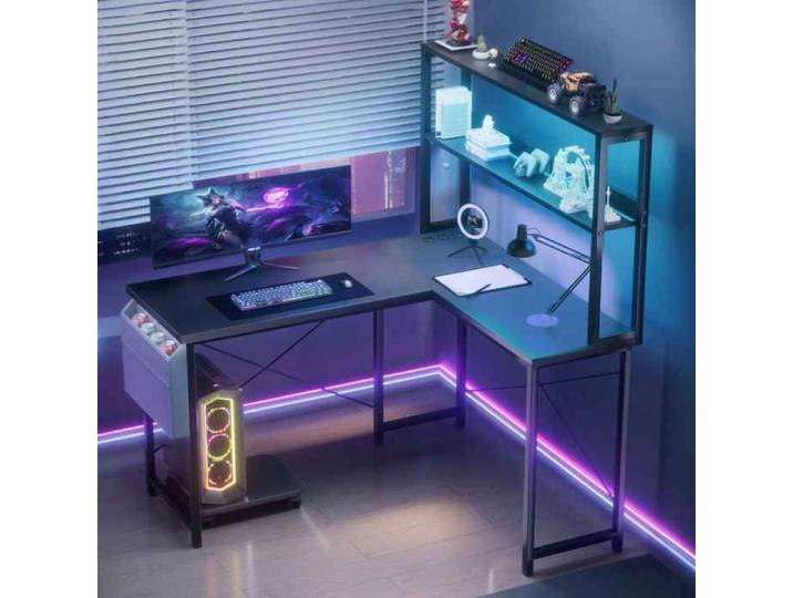 Bureau angle LED 148cm avec prises USB étagères et rangement tissu – Gaming/Bureau