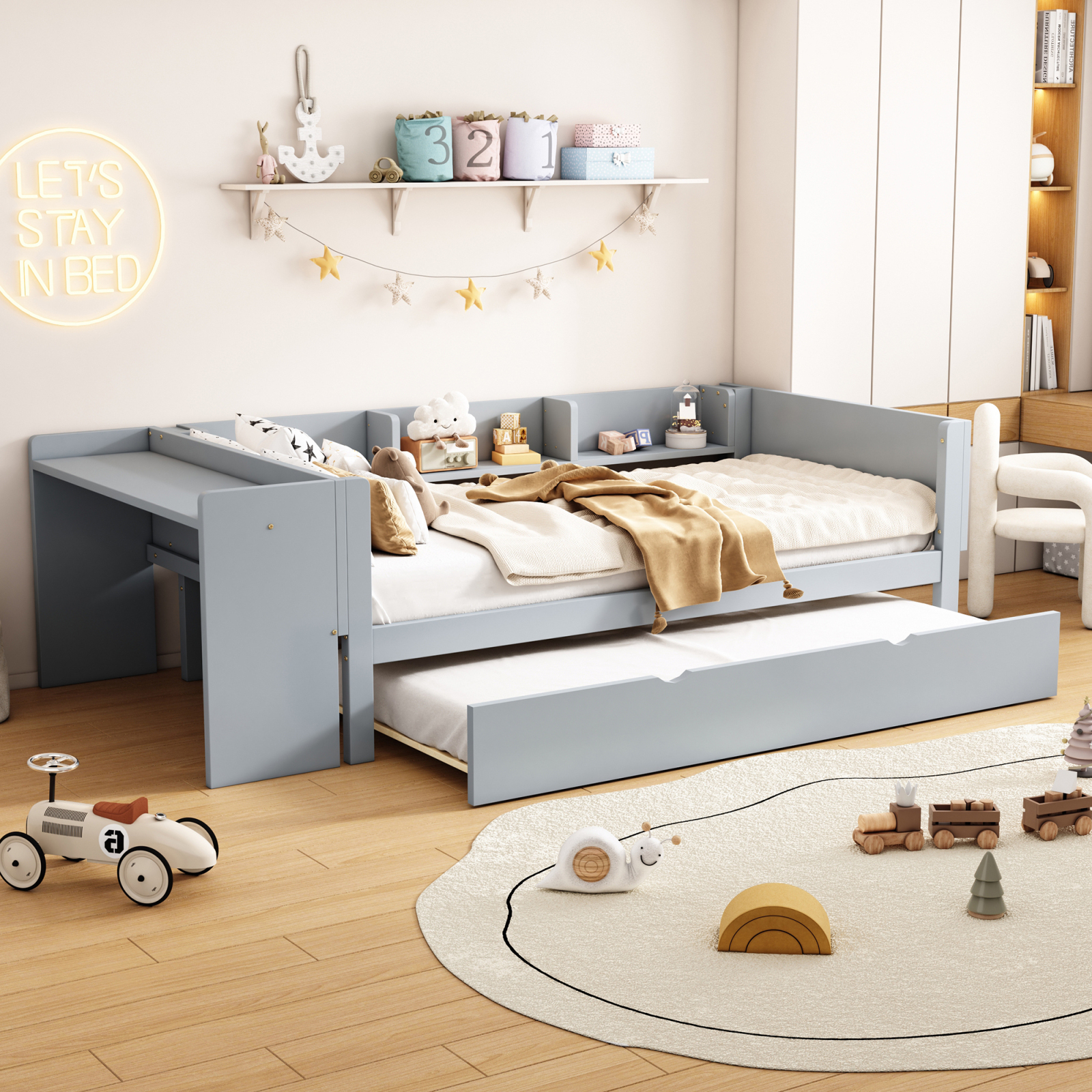 Fortuna Lai Kinderbett 90 x 200cm mit Ausziehbarem Bett und Schreibtisch, Einzelbett mit Regal, Gästebett Holzbett mit Lattenrost, Jugendbett Kinderbett, Grau