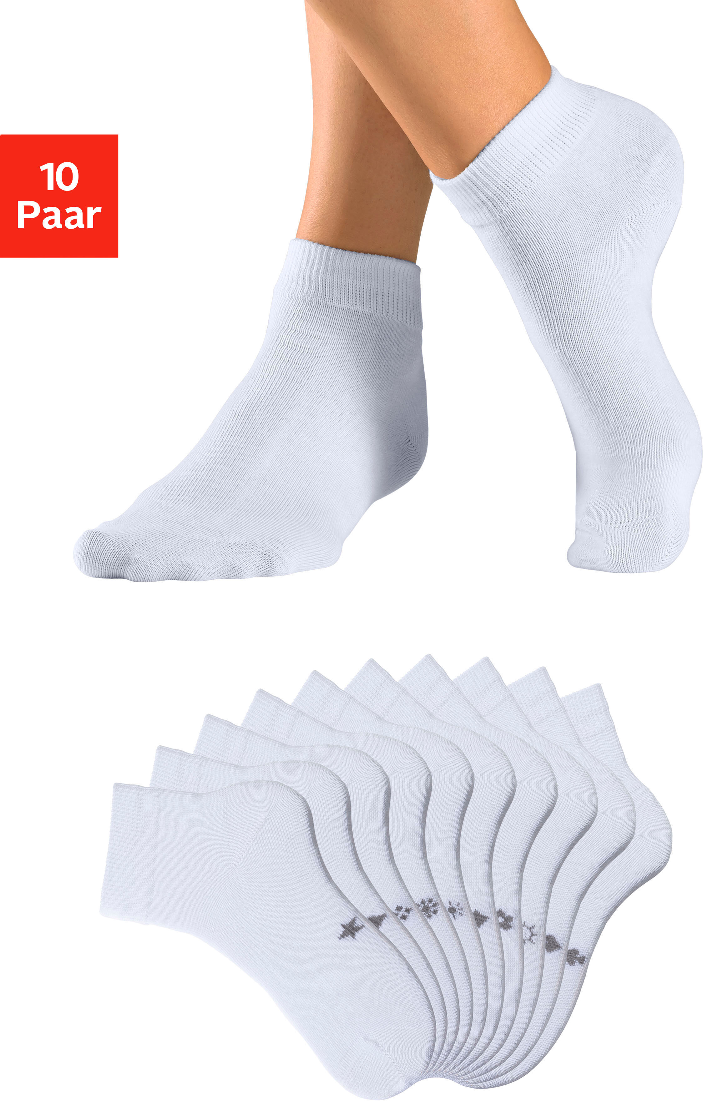 Kurzsocken H.I.S "Damen Herren Kurzschaft Socken", Herren, Gr. 35-38, weiss (10x weiß), Baumwolle, Baumwollmischung, Elasthan, Polyamid, unifarben, elastisch, Socken Kurzsocken, mit eingestrickten Symbolen, leicht zum sortieren 10x weiß 35-38