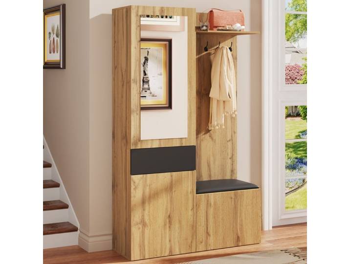 MODENUIT Meuble d'entrée 98.5x38x191 cm avec miroir 5 patères et banc de rangement MDF couleur naturelle et noir