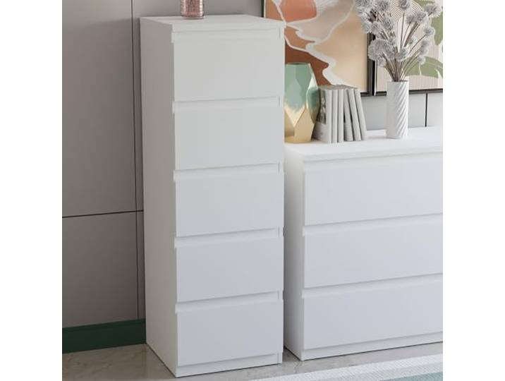 Forte EDMORE Kommode 40 50, Moderne, vertikale Kommode mit 5 Schubladen, Holzwerkstoff, Weiß, 41,8 cm breit x 128 cm hoch x 42,2 cm tief