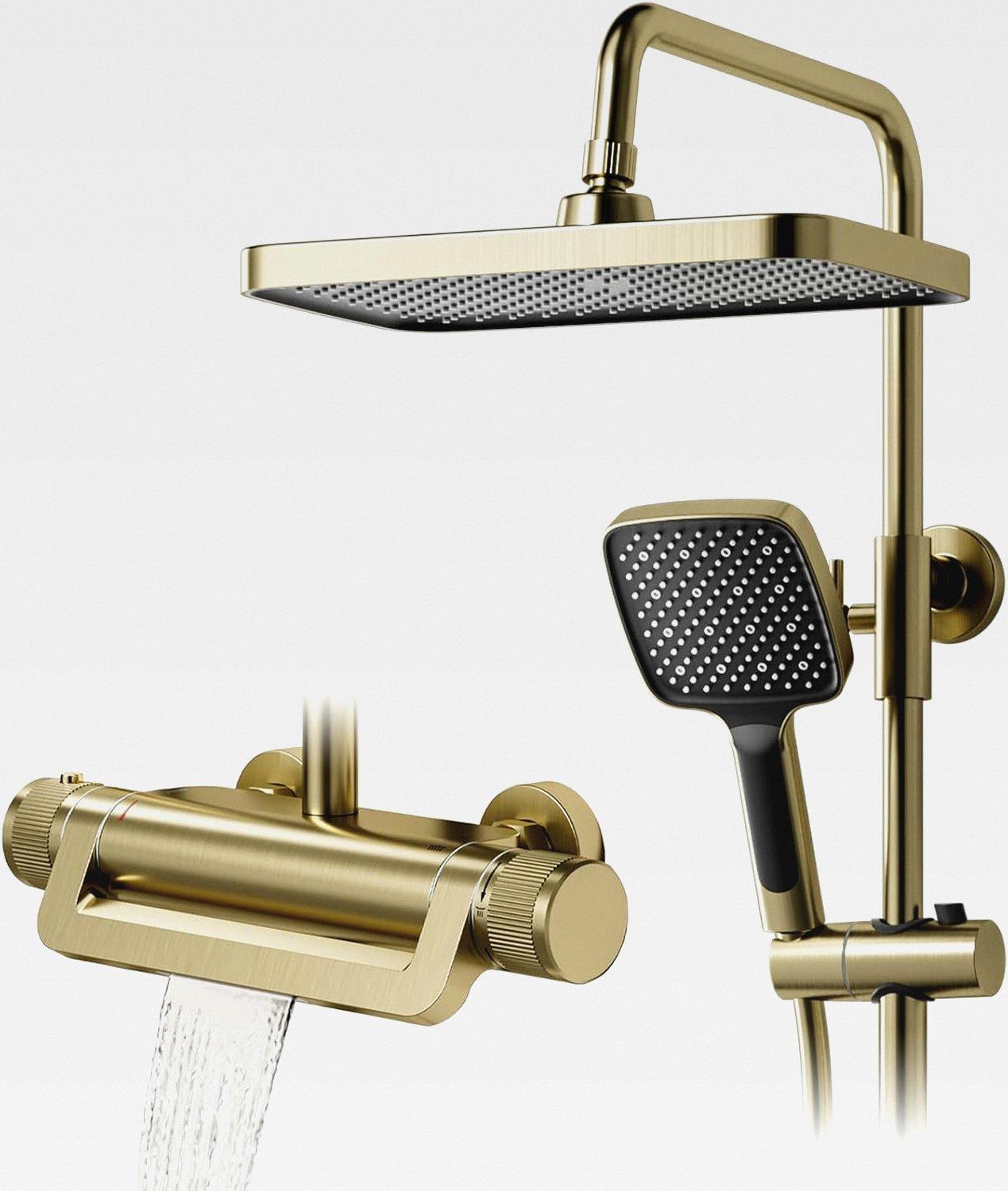 Duschsystem,Duschsäuleset 3in1 mit 330x220mm Regendusche,Duschsystem mit thermostat Gebürstetes Gold,360° Verstellbarer Regendusche Duschkopf,3 Modus Handbrause,Anti Kalk Düsen Duschkopf
