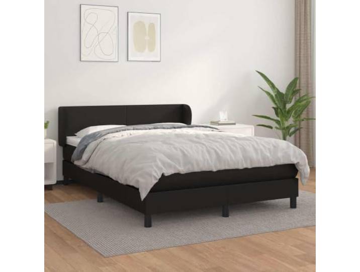 Boxspringbett Schwarz Kunstleder 140 x 190 cm mit Matratze Polyvinylchlorid Kunstleder mit massivem Lärchenholz, höhenverstellbares Kopfteil mit Ohren, Taschenfederkernmatratze