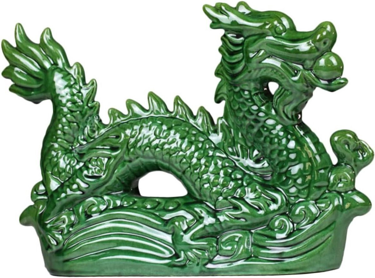 Groen keramiek draken beeldje voor decoratie van de tafel, 20 cm lengte