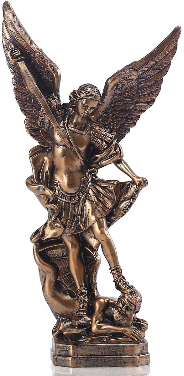 QIANLING San Miguel Archangel Standbeeld van Bronskleurige Hars, Hoogte: 31,8 cm