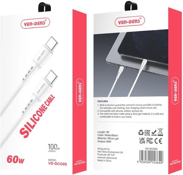 Ven-Dens 60W Silicone USB-C to USB-C Cable Durable & High-Performance VD-DCO05 - White