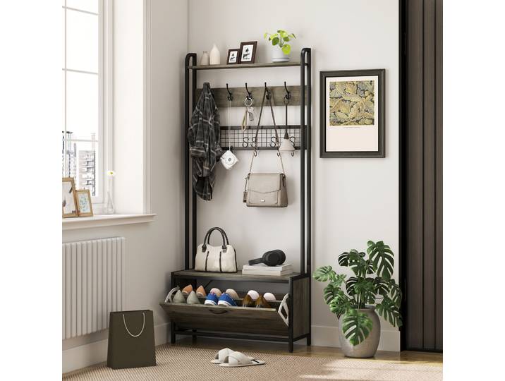 HOMCOM Porte-manteau Banc 5-en-1 Acier Gris 10 Crochets Étagère